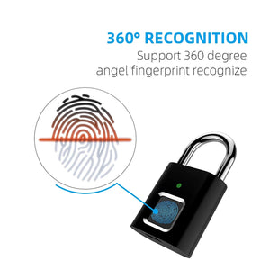 Black Silver USB Rechargeable Door Smart Lock Fingerprint Padlock Quick Unlock Zinc Alloy Metal High Identify Security Lock